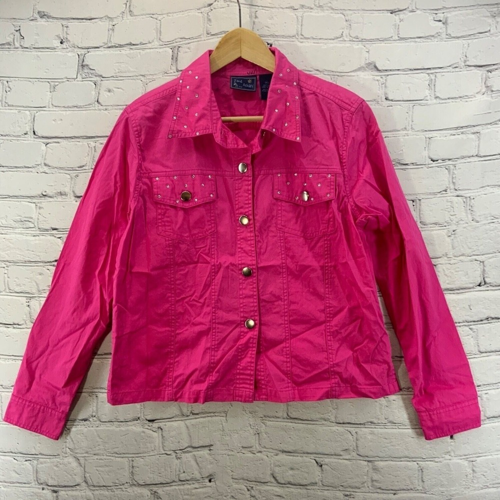 Jane Ashley Jacket Womens Sz M Bright Pink Rhinestone Accents Snap Up‎ Shacket